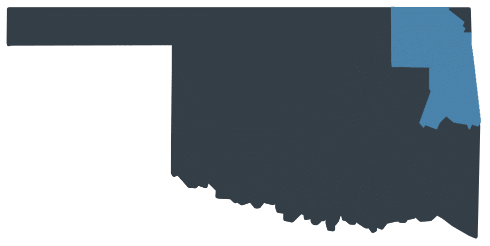 Map of Oklahoma in dark gray with blue portion on north eastern side of the state showing the primary location of Cherokee Nation